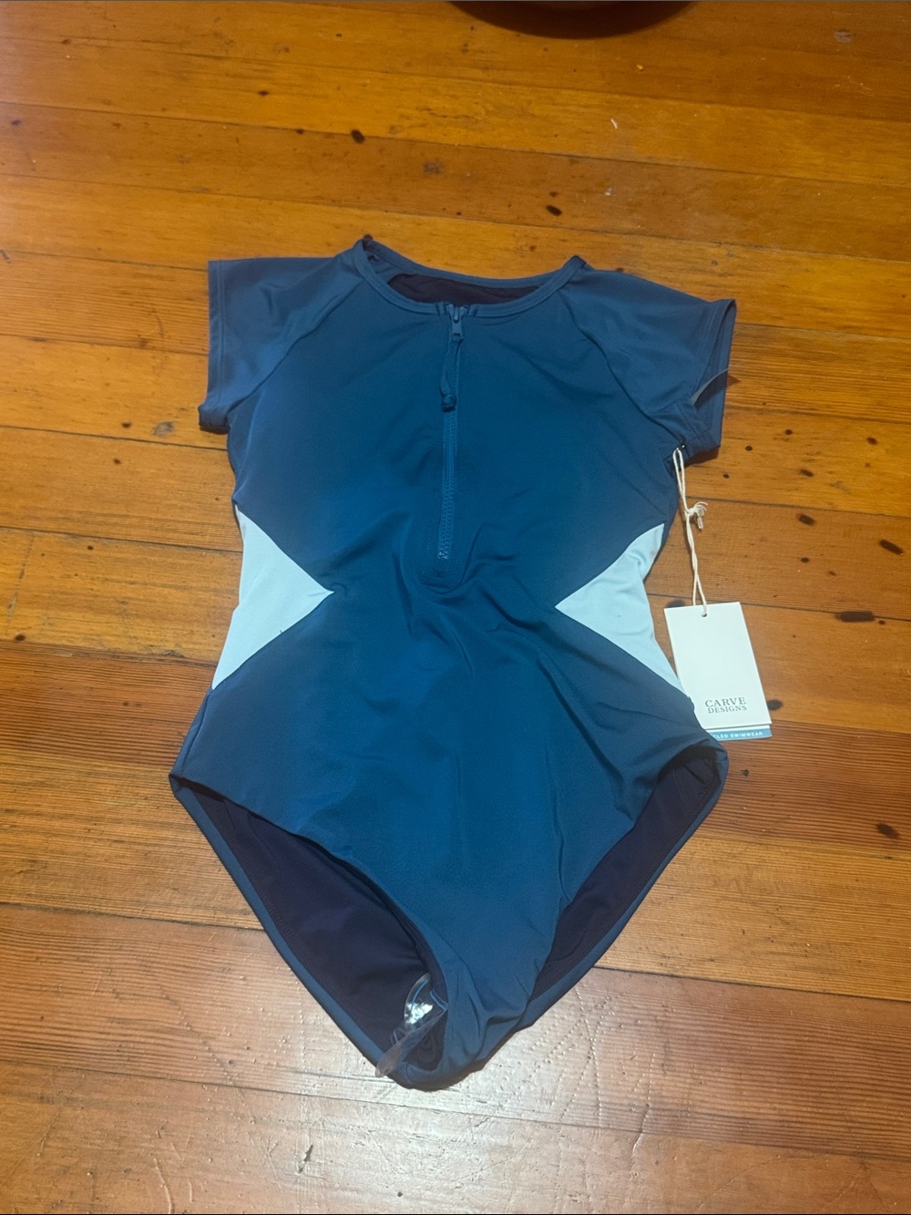 Carve Designs Navy One-Piece Zip Swimsuit with White Side Panels